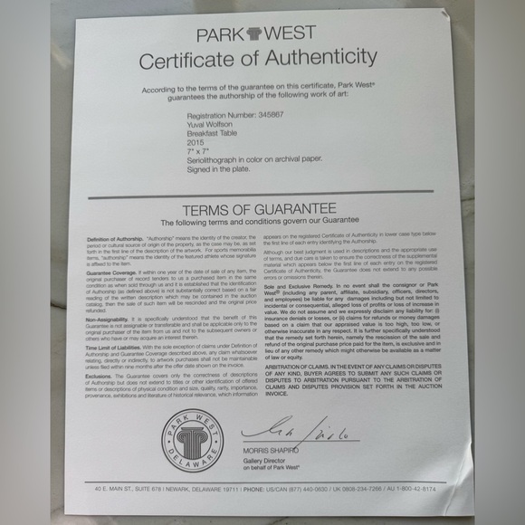 Yuval Wolfson BREAKFAST TABLE Seriolithograph signed Park West Gallery with COA - Picture 5 of 5